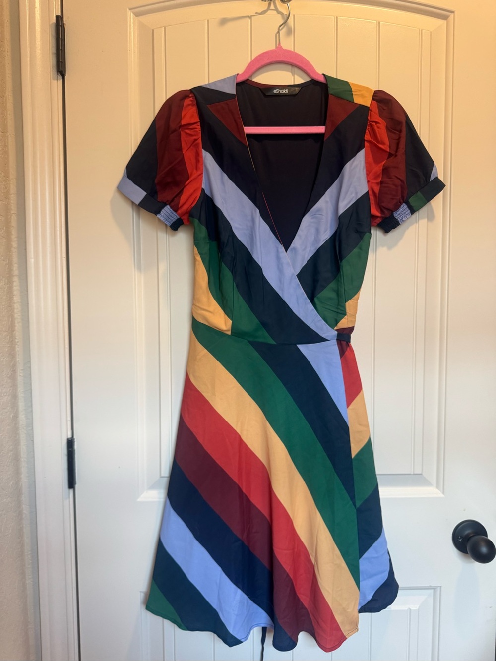 eshakti Multicolor Striped wrap dress in Red, Blue, Green, Yellow, Cream